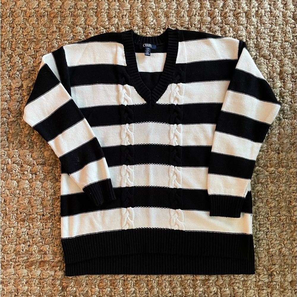🖤🤍 Vintage Chaps Ralph Lauren Black & White Striped V-Neck Sweater | Size L |